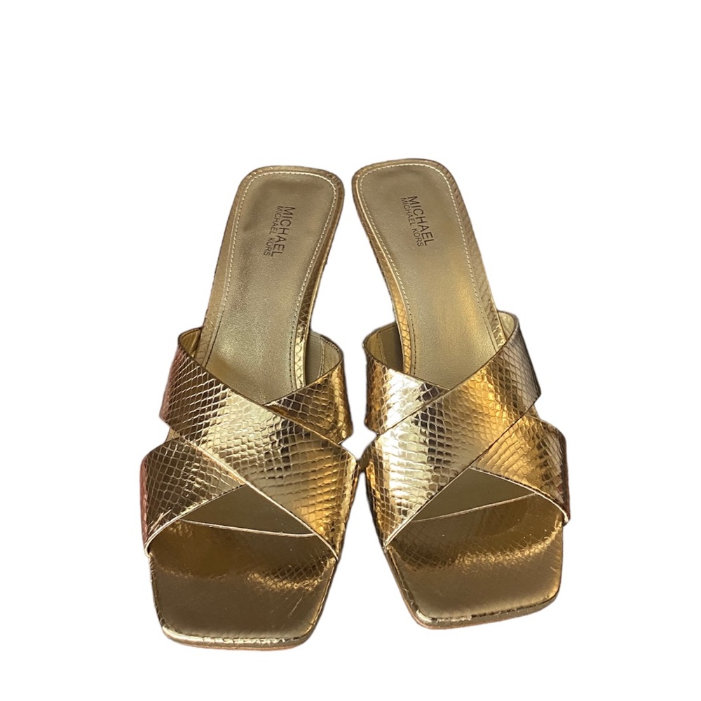 Michael Kors Clara Mule Square toe Sandals Gold snake skin leather - Picture 2 of 7